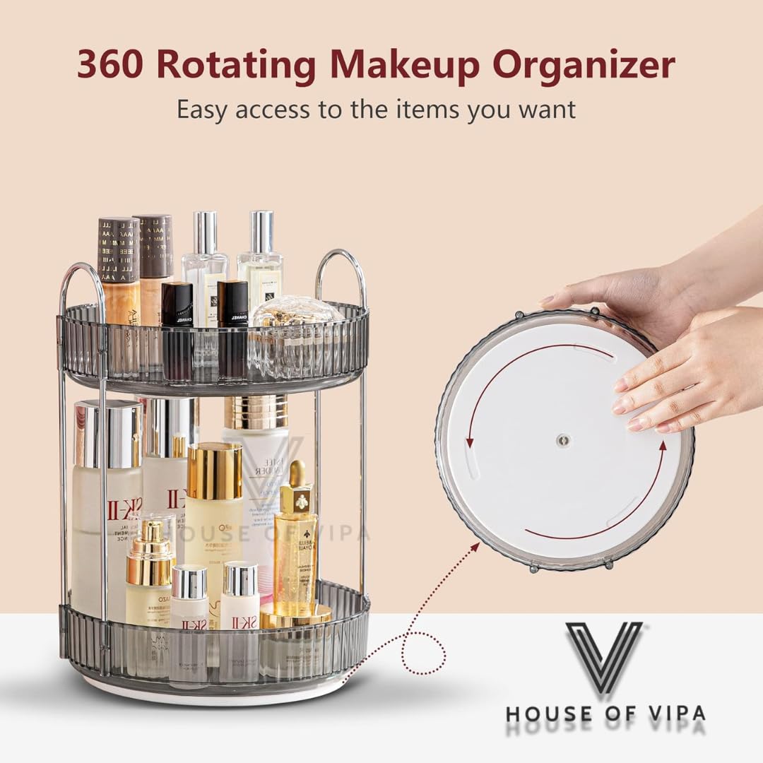360° Rotating Makeup Organizer Box - Cosmetic Storage with Drawers, Plastic Makeup Holder Stand for Dressing Table, Lipsticks, Nail Polishes & Accessories (Light Gray, 2 Layer)