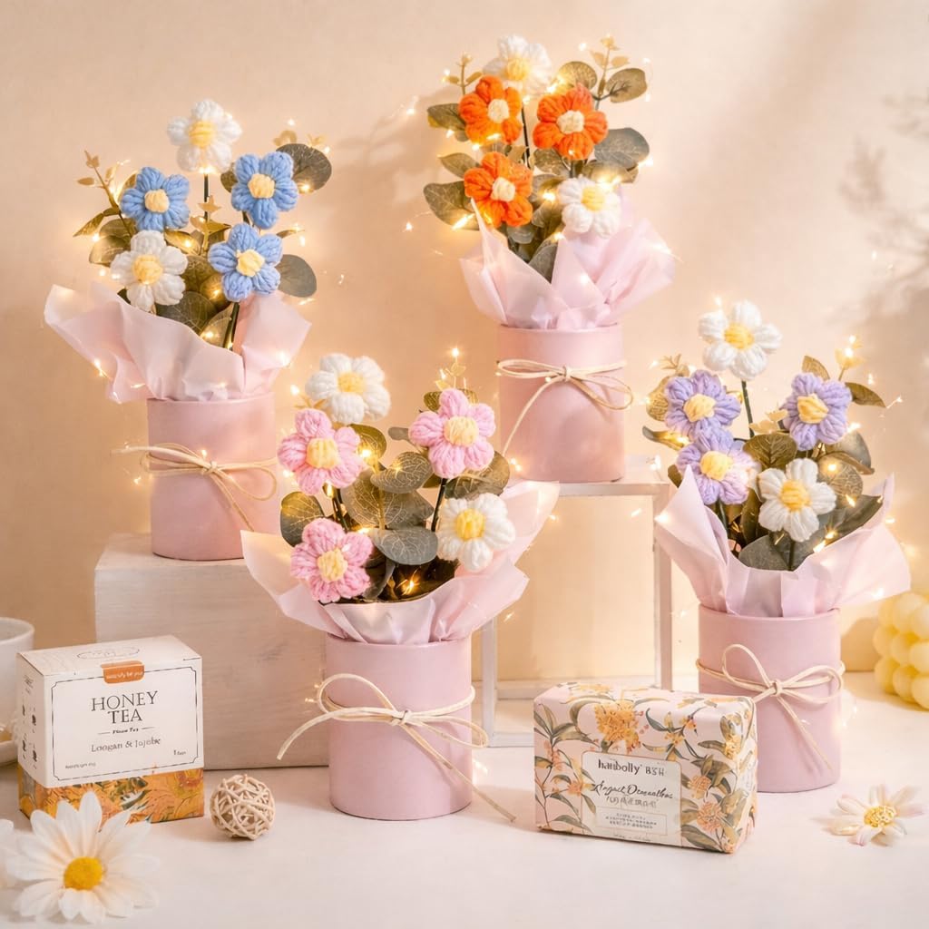 KAIDAA Handmade Korean Crochet Flower Bouquet with Shiny Led Lights & Polybag Knitted Floral Arrangement with Decorative Leaves | Tabletop Home Decor, Desk, Valentine Day Gift