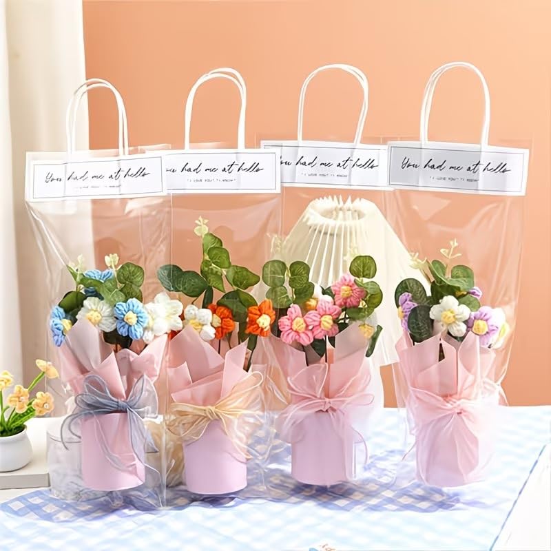 KAIDAA Handmade Korean Crochet Flower Bouquet with Shiny Led Lights & Polybag Knitted Floral Arrangement with Decorative Leaves | Tabletop Home Decor, Desk, Valentine Day Gift