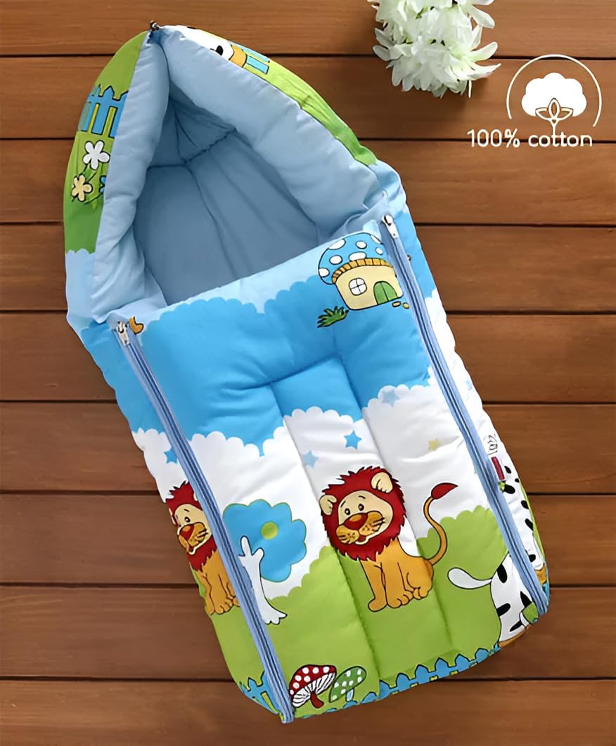 Baby Sleeping Bag in Muslin Cotton Material for Newborns | Soft & Skin Friendly Wrapper Lightweight Cushioned Infant Sack Easy to Carry Wash 0-2 Months (Blue Jungle) (Blue Jungle)