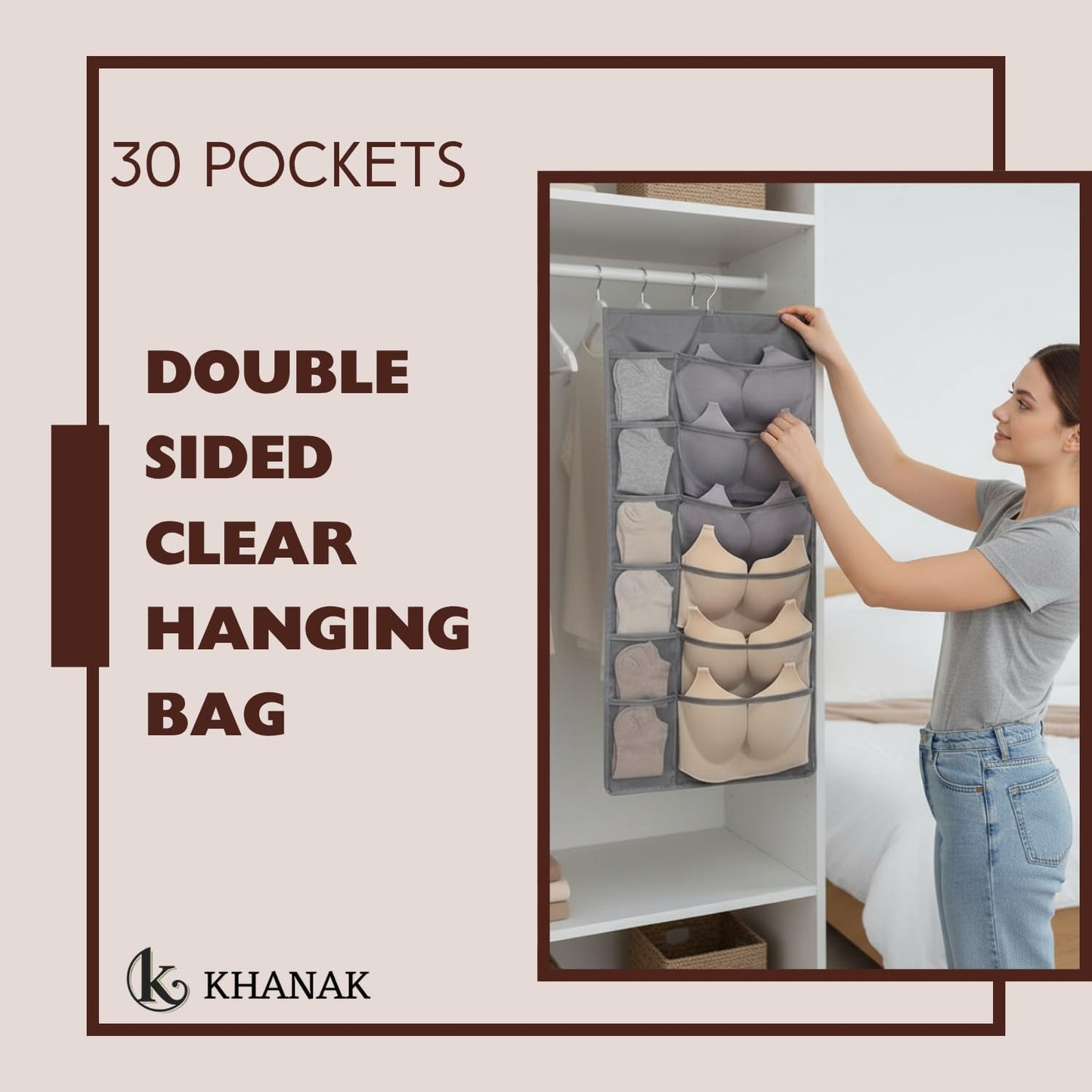 2 in 1 Hanging Organizer Combo | 30 Pocket Socks Bra Underwear Storage Bag + Handbag Purse Closet Organizer | Wardrobe Space Saving Storage Combo Pack