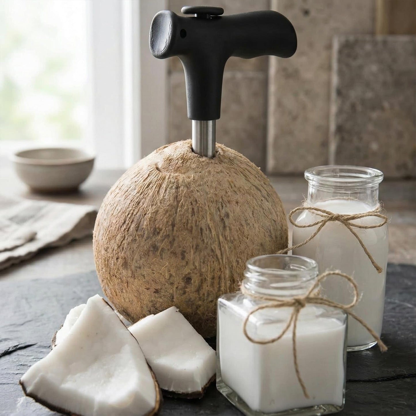 Oblivion Stainless Steel Coconut Opener 1 Pc – Quick & Easy Cracking Tool with Drill Cutter, Cleaning Stick, Effortless Fresh Water Extraction Kit, Durable Professional Hole Maker & Tap Cleaner