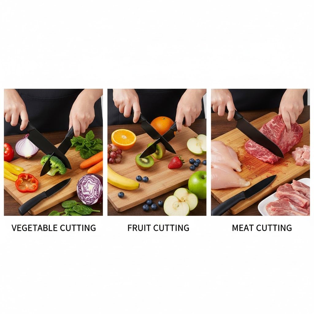 Klick n shop Stainless Steel Kitchen Knife Set – 3 Piece Chef, Utility & Paring Knives with Blade Cover | Sharp Vegetable, Fruit & Meat Cutting Knives with Ergonomic Handle (Black)