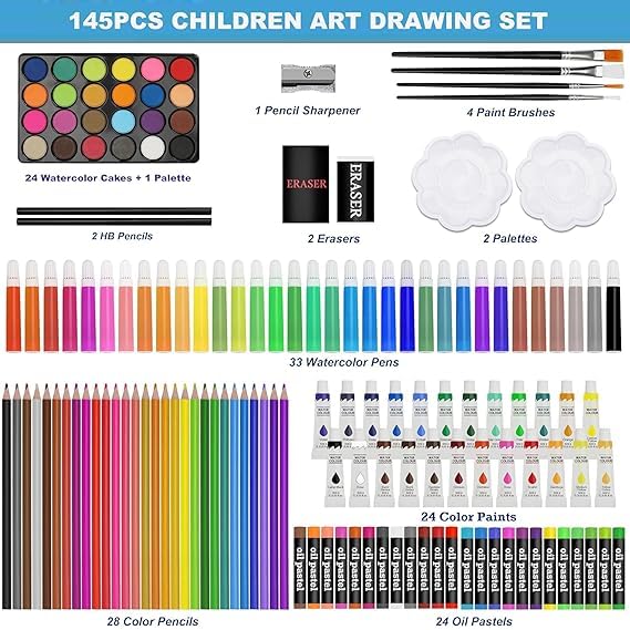 145 Pieces Art Set for Kids. 145 Pcs Color Set. Unicorn Painting Box. Drawing Colour Pencils, Oil Pastel, Watercolours, Sketches, Crayons & Paint Brush. Vanity Color Box for School Project. Pink