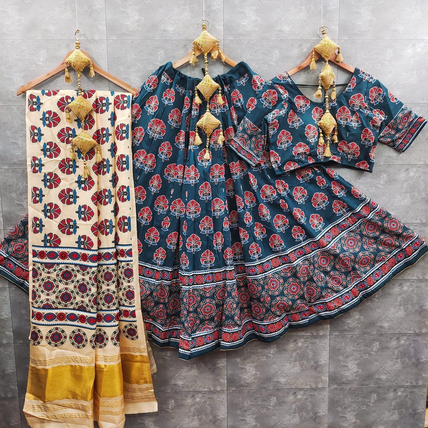 gaji modal lagdi patta duppata and ajrak choli   New arrivals   Maslin silk lehnga