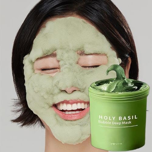 Holy Basil Bubble Deep Mask 90g – Korean Clay Fizzing Wash-Off Pack with Carbonated Water for Pore Cleansing, Blackhead Removal & Deep Skin Purification for Unisex