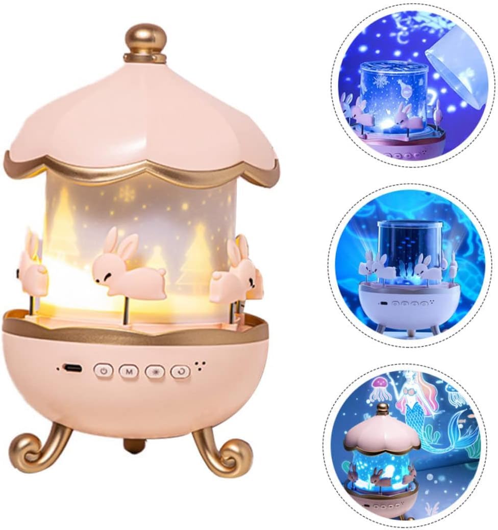 Galaxy Bunny Carousel Star Projector Lamp with 6 Set Films,Rotatable Mode,Rechargeable Rabbit Nursery Light for Kids,Baby Room Decor,Girls, Boys,Gift Item