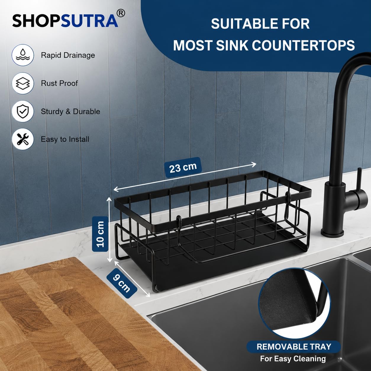 Kitchen Sink Organiser with Drain Tray, Countertop Storage Rack for Dish Soap Sponge Scrubber, Metal Wire Design, Black