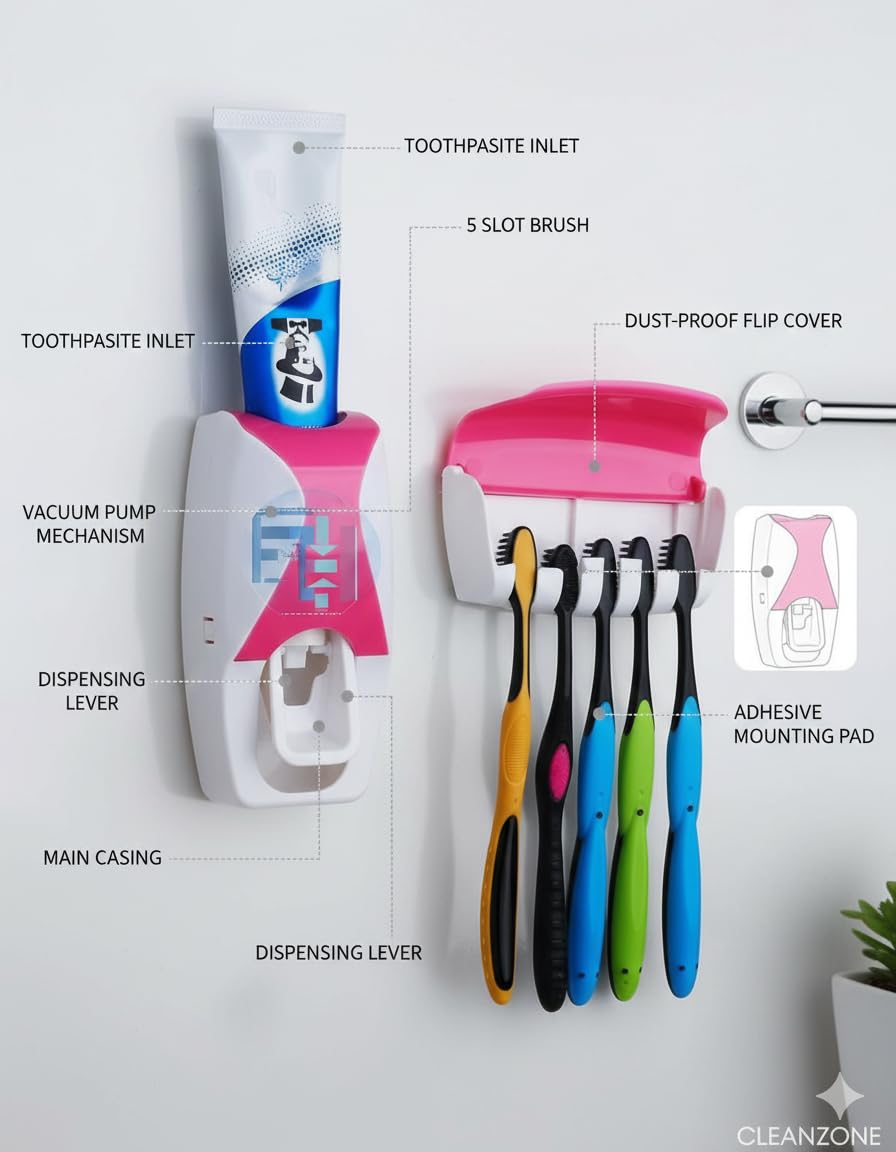 Automatic Toothpaste Dispenser and 5 Toothbrush Holder Fresh ABS Plastic Dust-Proof Wall Mounted with Cover Storage Stand for Home Bathroom (Multi Colors)