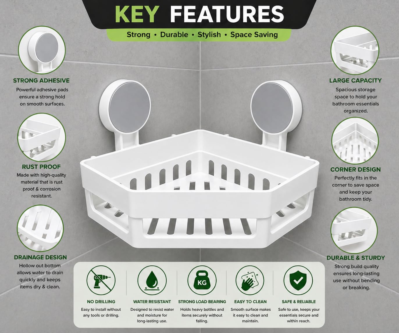 Bathroom Corner Shelf Wall Mounted | No Drill Suction Cup Shower Rack | Plastic Waterproof Corner Storage Organizer for Bathroom & Kitchen