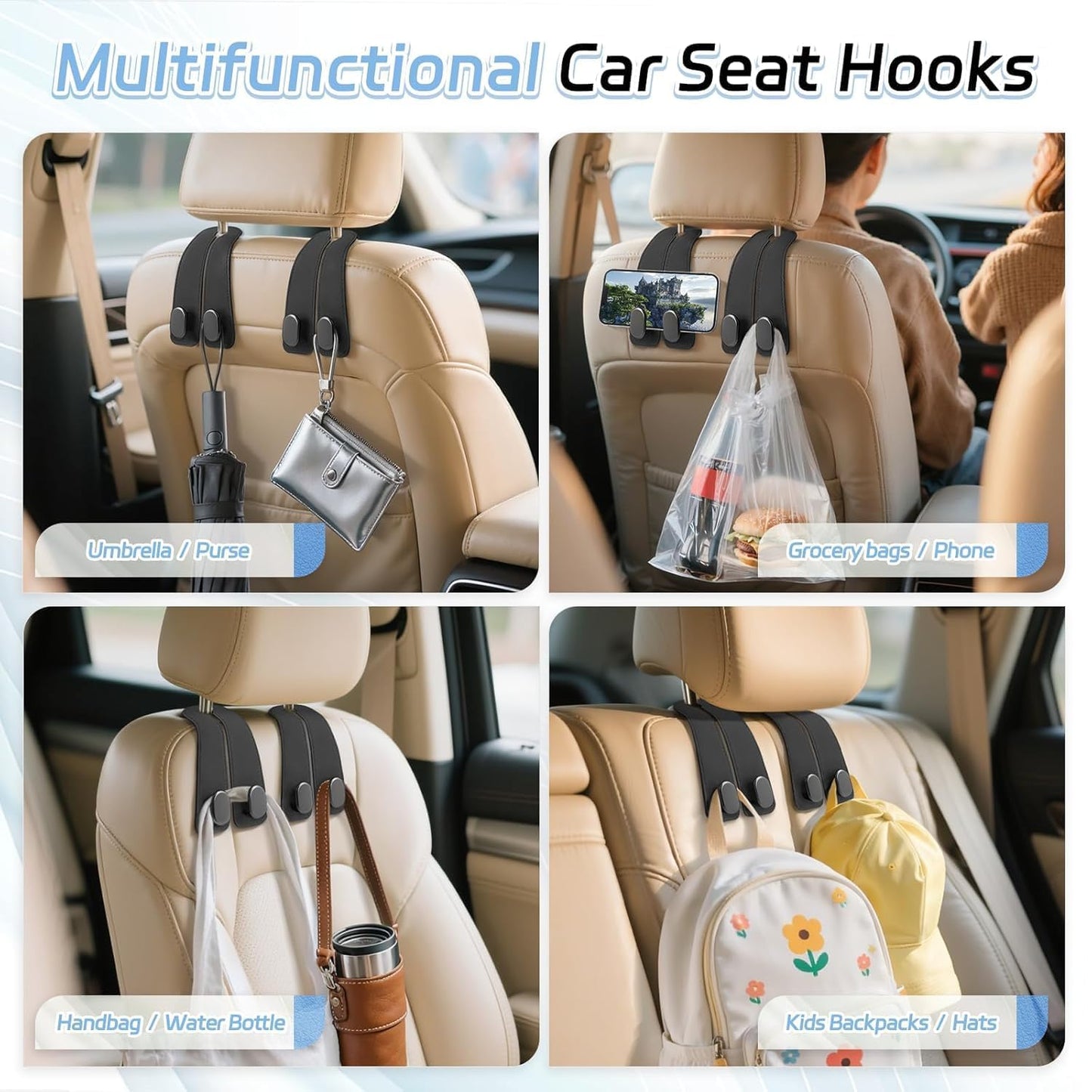 2 Pack Car Seat Headrest Double Hooks Leather Car Back Seat Headrest Hooks for Purses, Bags and Handbags, Car Organization Accessories