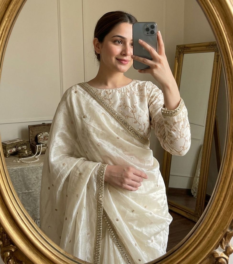 Space Sattin Multi Sequence Full Worked Saree With Original Mirror Lace & Havey Sequence Full Worked Blouse