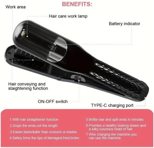 Cordless Split End Hair Trimmer Machine | Rechargeable Electric Split Ends Remover Tool for Dry, Damaged, Curly, Frizzy Hair | 2-in-1 Automatic Split End Cutter for Men & Women, Black