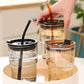 SKDBPM Reusable Glass Coffee Sipper Mugs with Lid & Straw Pack of 1, 400ml Multipurpose Drinking Glasses Tumbler with Leather Sleeve Cup for Juice Smoothies Iced Tea Home & Travel