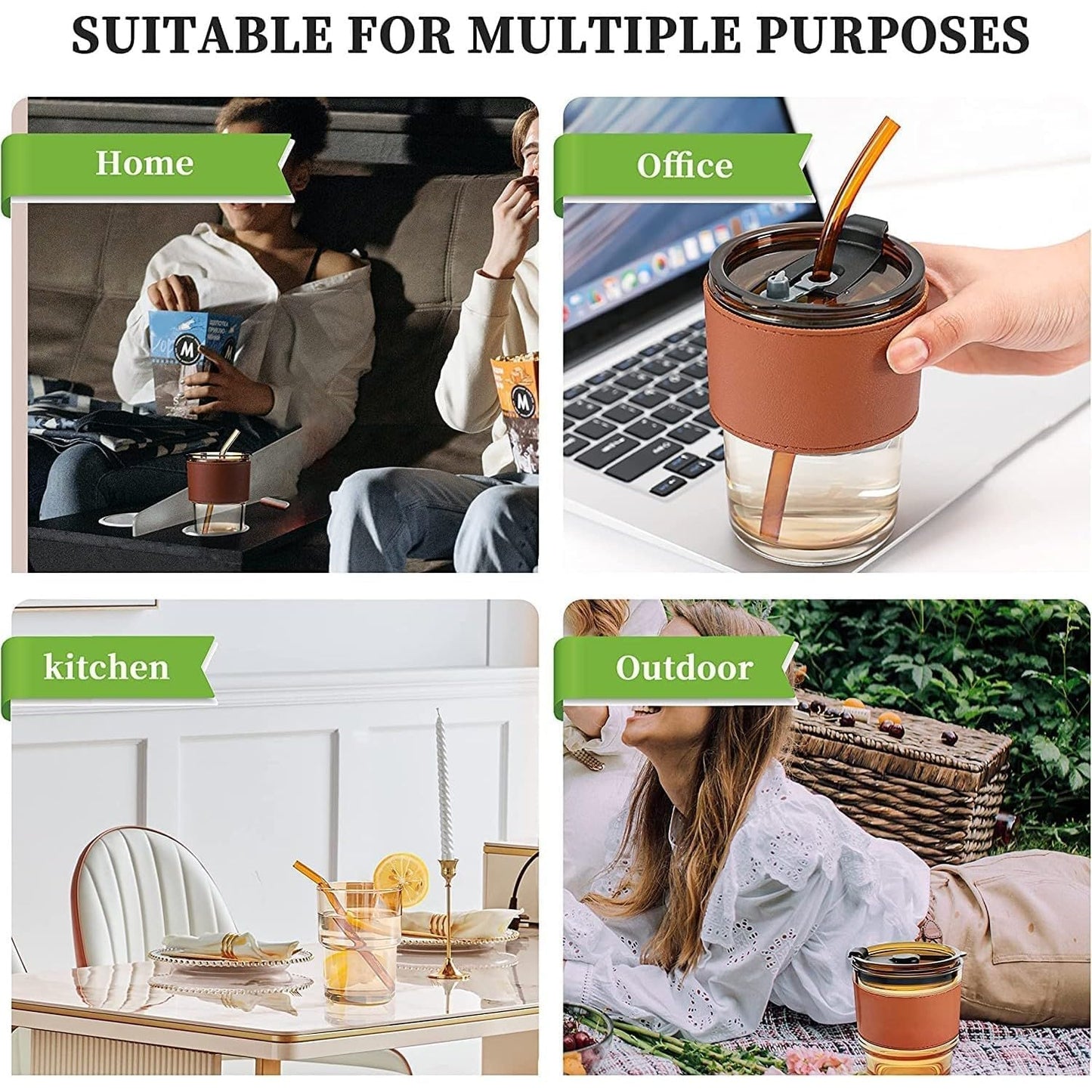 Glass Sipper Tumbler Lid and Straw Coffee Tumbler Tea Coffee Mugs with Leather Sleeve Cup and Mug for Kids Milk Juice Mug for Water Drinking Sipper,400 ML (1 PCS Brown)