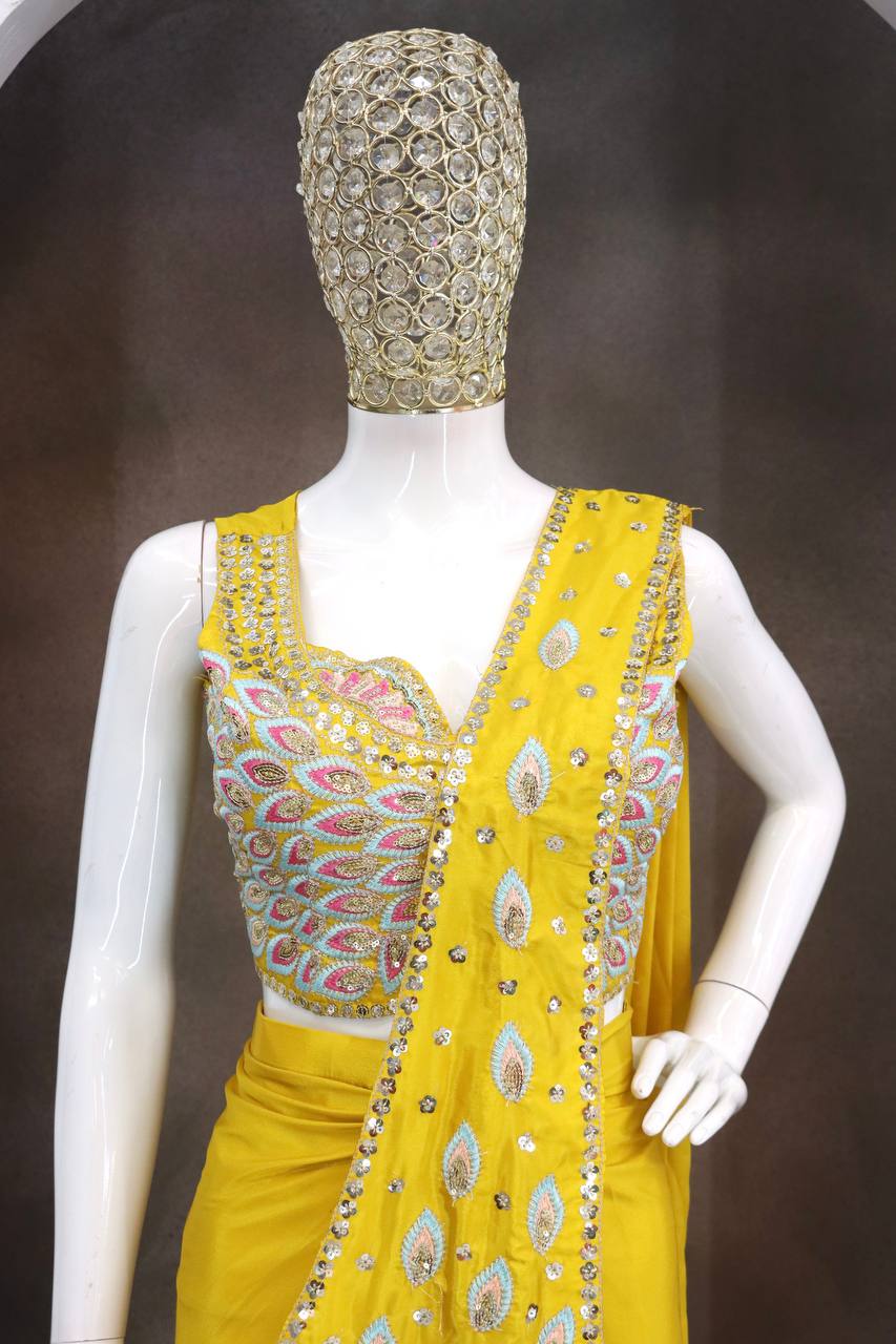 Get festive ready in our new Trending Stylish Ready to Wear Saree set  With Embroidery Work detailing.