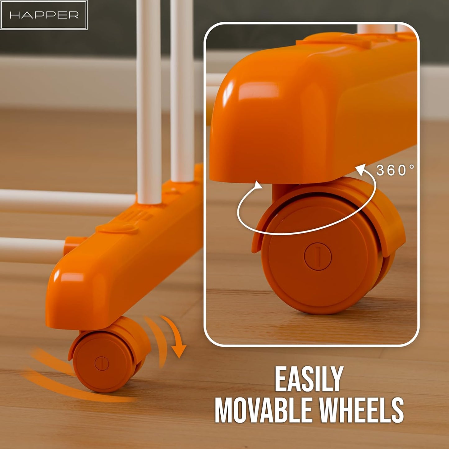Happer Premium Clothes Stand for Drying with Wheels | Portable | 3 Layer Rack for Balcony | Foldable Wings | 24 Hanger Rods | Anti Rust Steel Metal (Orange | Prince Jumbo)