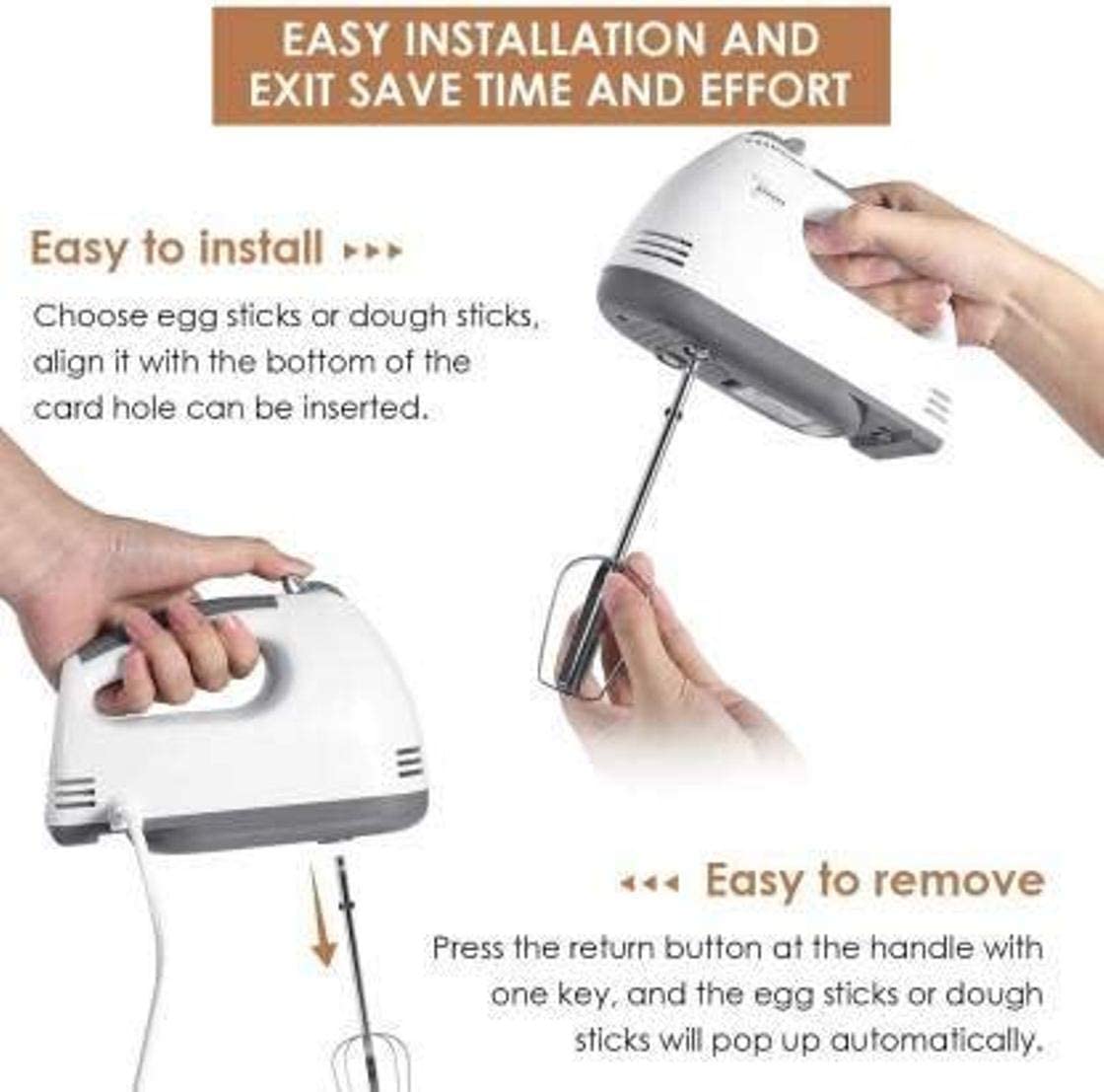 Electric Hand Mixer for Kitchen | Handheld Cake Blender with Four Stainless Steel Attachments including Beaters & Dough Hooks for Whipping Cream.