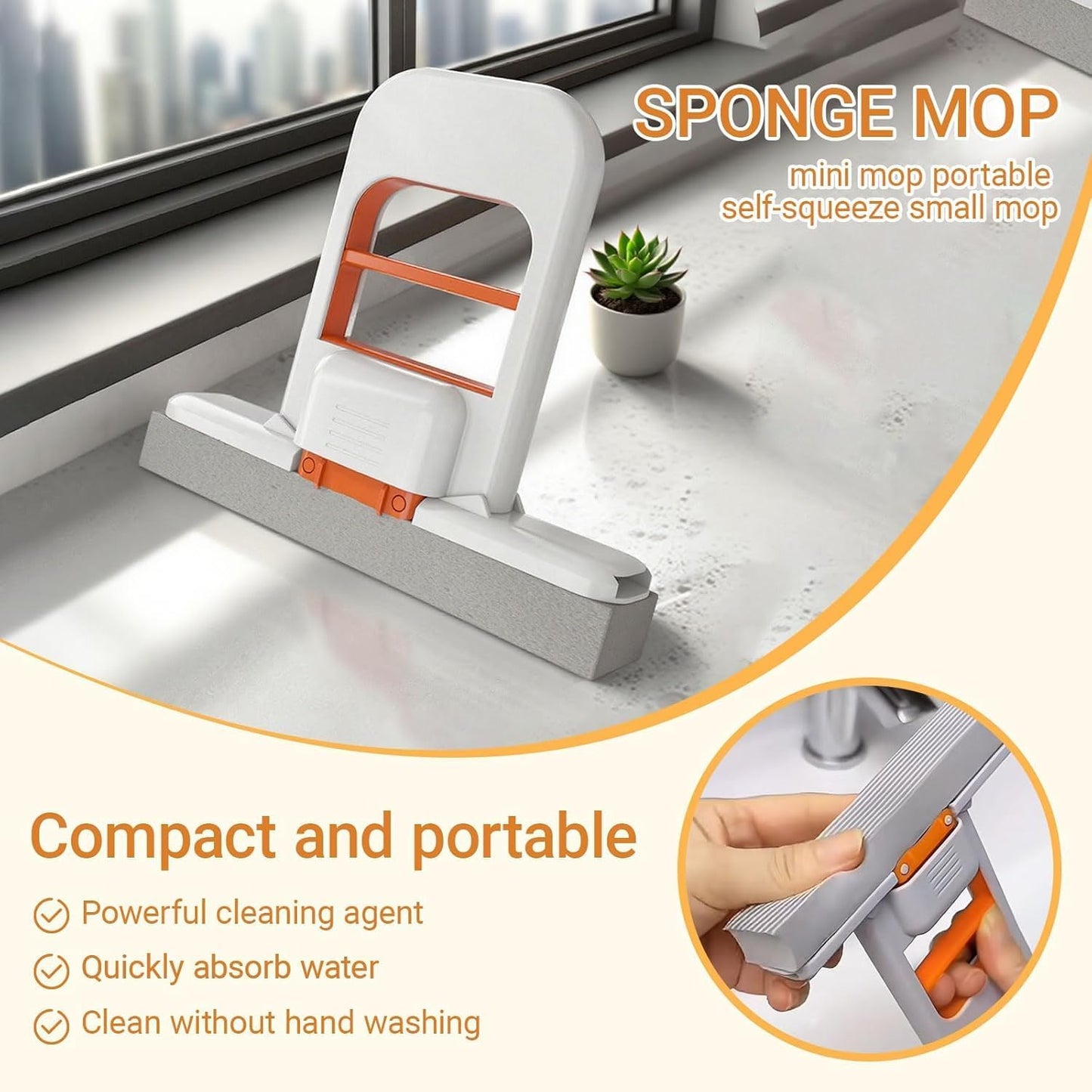 Mini Foldable Desktop Mop Portable Cleaning Sponge Mop Handheld Self Squeeze Cleaning Tool Wet and Dry Use System for Small Spaces Bathroom and Kitchen
