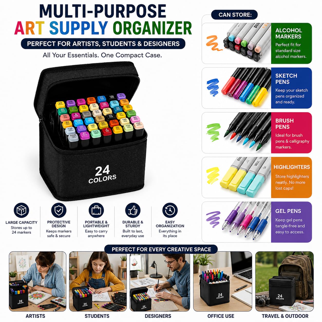 Dual Tip Colorful Art Markers Sketch Pens Colors With Carrying Case For Painting Sketching Calligraphy Drawing -Twin Head Permanent Colouring Marker Pens (Pack OF 1) (Marker Black 24)