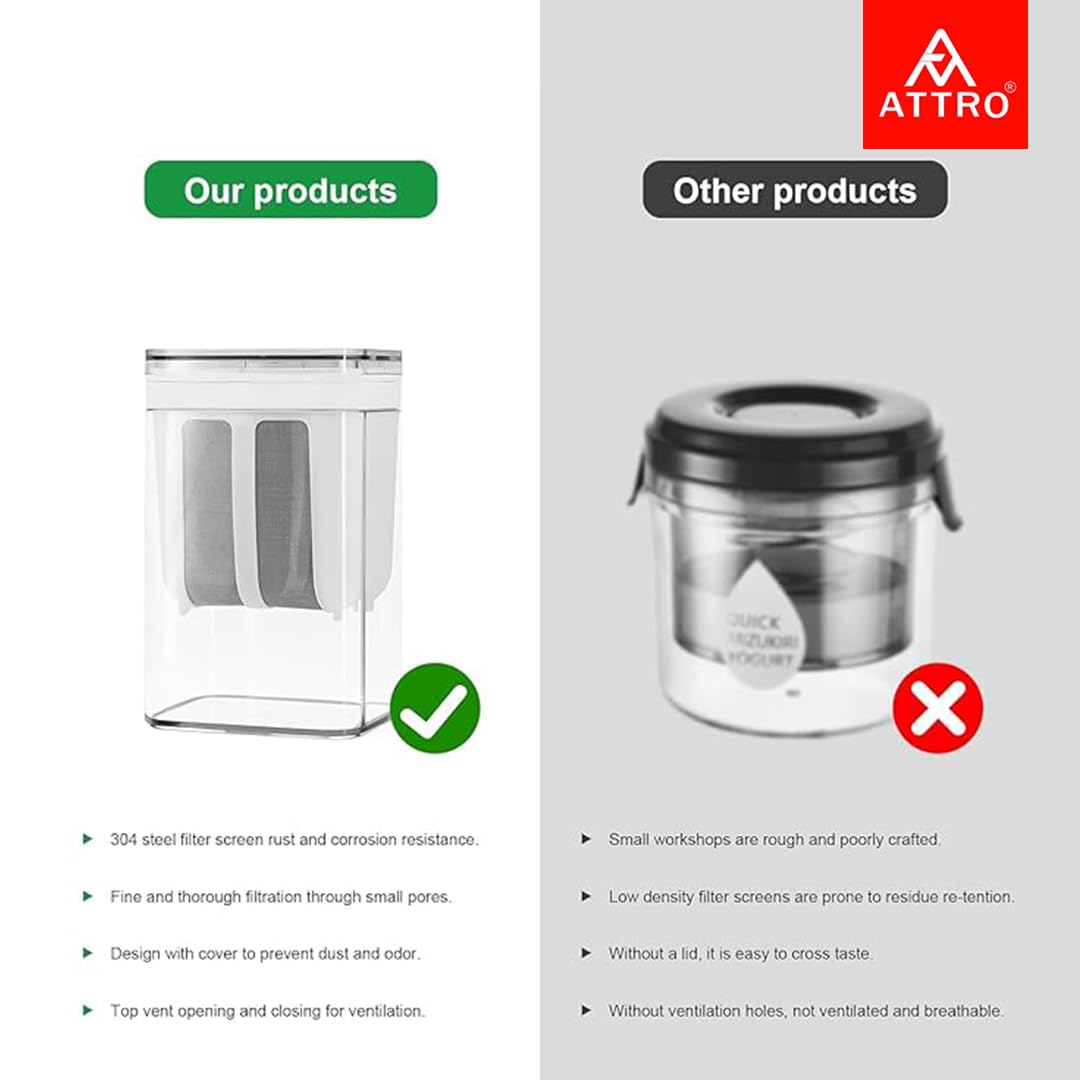 ATTRO Greek Yogurt & Curd Maker Fine Mesh Strainer with Lid Multifunctional Whey Separator for Homemade Yogurt, Curd, Cheese, Hung Curd & More – Easy to Use & Clean- White- 1100ml