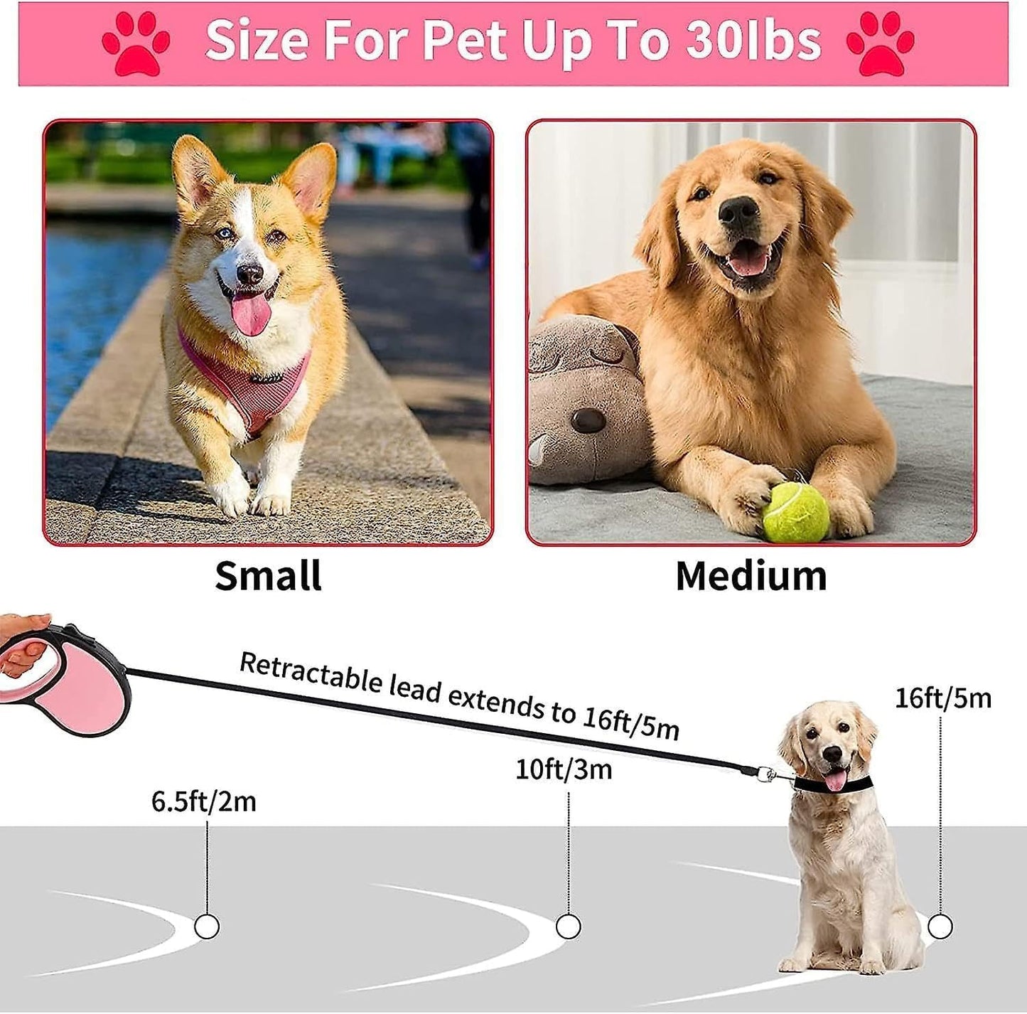 ANVAY INPEX Retractable Dog Leash 16 Feet, Automatic Tangle-Free Nylon Tape Pet Leash with Quick Lock & Anti-Slip Handle, Adjustable Dog & Cat Walking Rope for Training, Walking & Camping