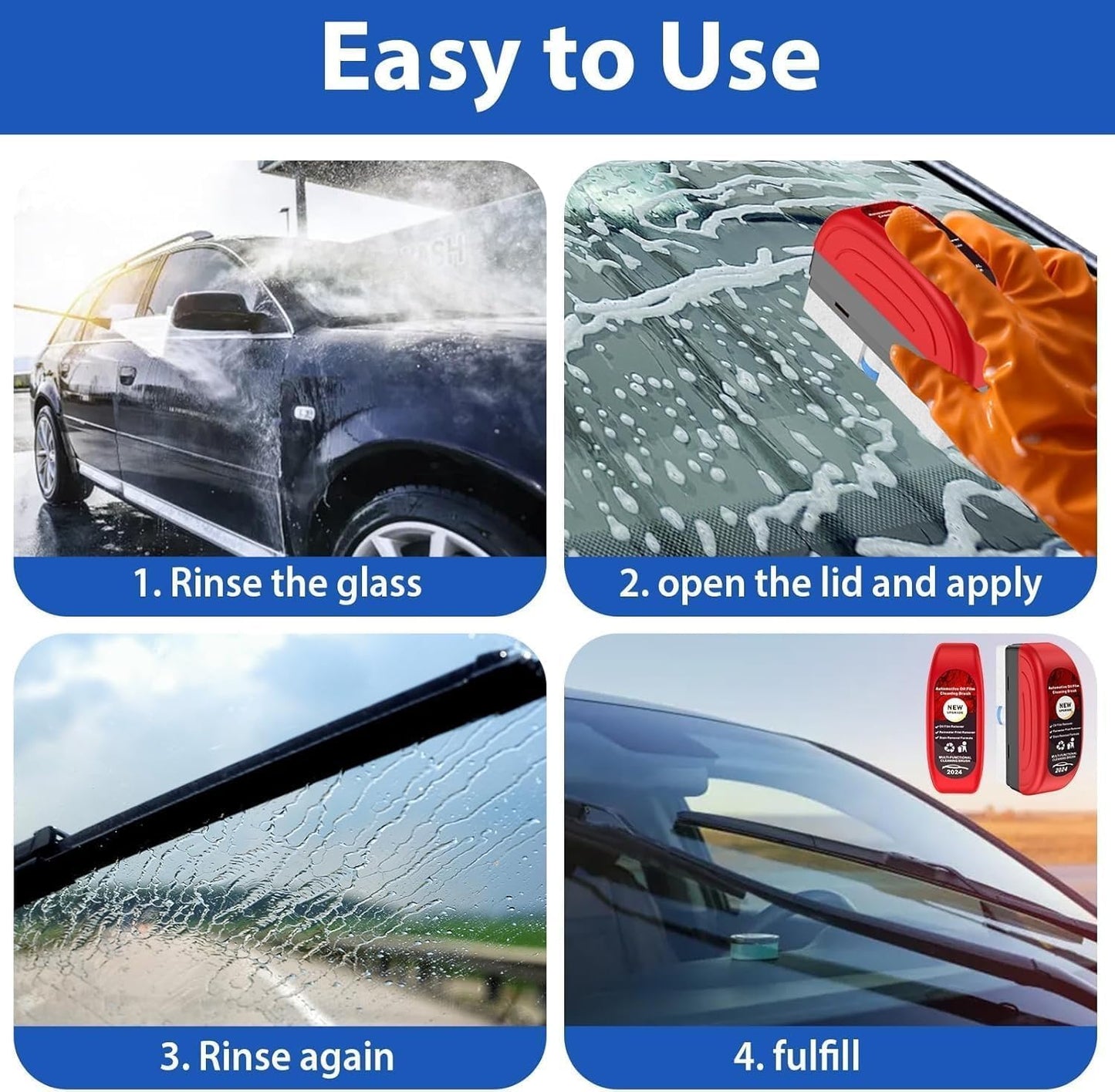 Buy 1 Get 1 Free – Premium Car Glass Oil Film Cleaning Brush 120ml Auto Windshield Windscreen Cleaning Tool with Built-in Dispenser | Streak-Free Stain Remover for Car & Home Windows