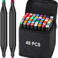 Vasukie Dual Tip Colourful Art Markers Sketch Pens 48 Colours With Carrying Case For Painting Sketching Calligraphy Drawing Non Toxic Twin Head Permanent Colouring Markers For Kids Adult