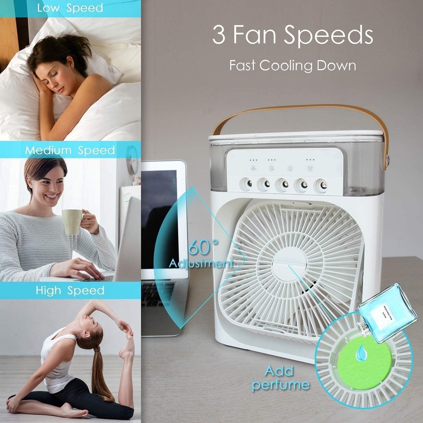 Portable Air Cooler Fan with Water Tank & USB Power - Mini Personal Evaporative Cooler with 3 Speeds, , LED Light, Quiet Cooling for Home, Office, Bedroom (MultiColor)