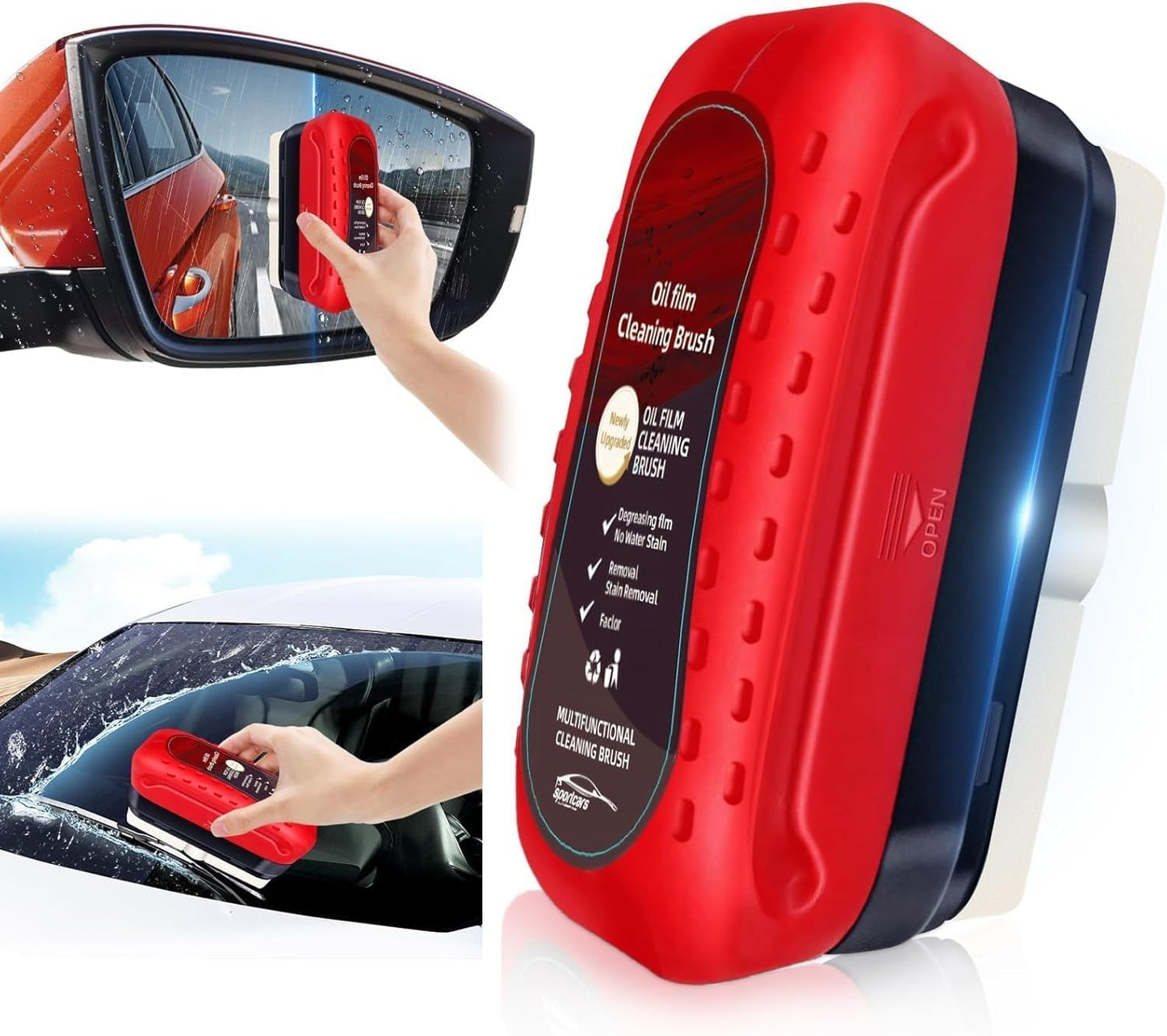Buy 1 Get 1 Free – Premium Car Glass Oil Film Cleaning Brush 120ml Auto Windshield Windscreen Cleaning Tool with Built-in Dispenser | Streak-Free Stain Remover for Car & Home Windows