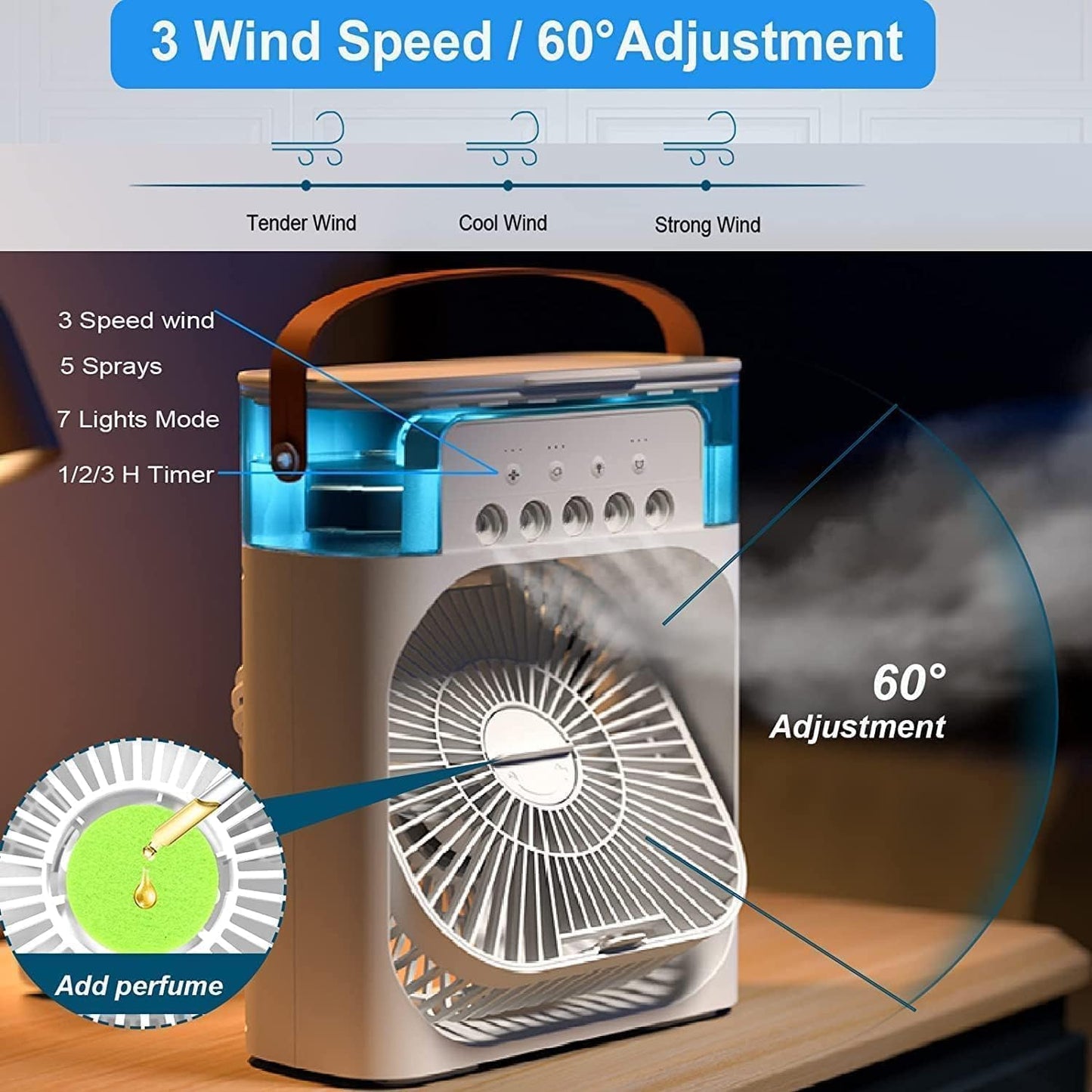 Portable Air Cooler Fan with Water Tank & USB Power - Mini Personal Evaporative Cooler with 3 Speeds, , LED Light, Quiet Cooling for Home, Office, Bedroom (MultiColor)