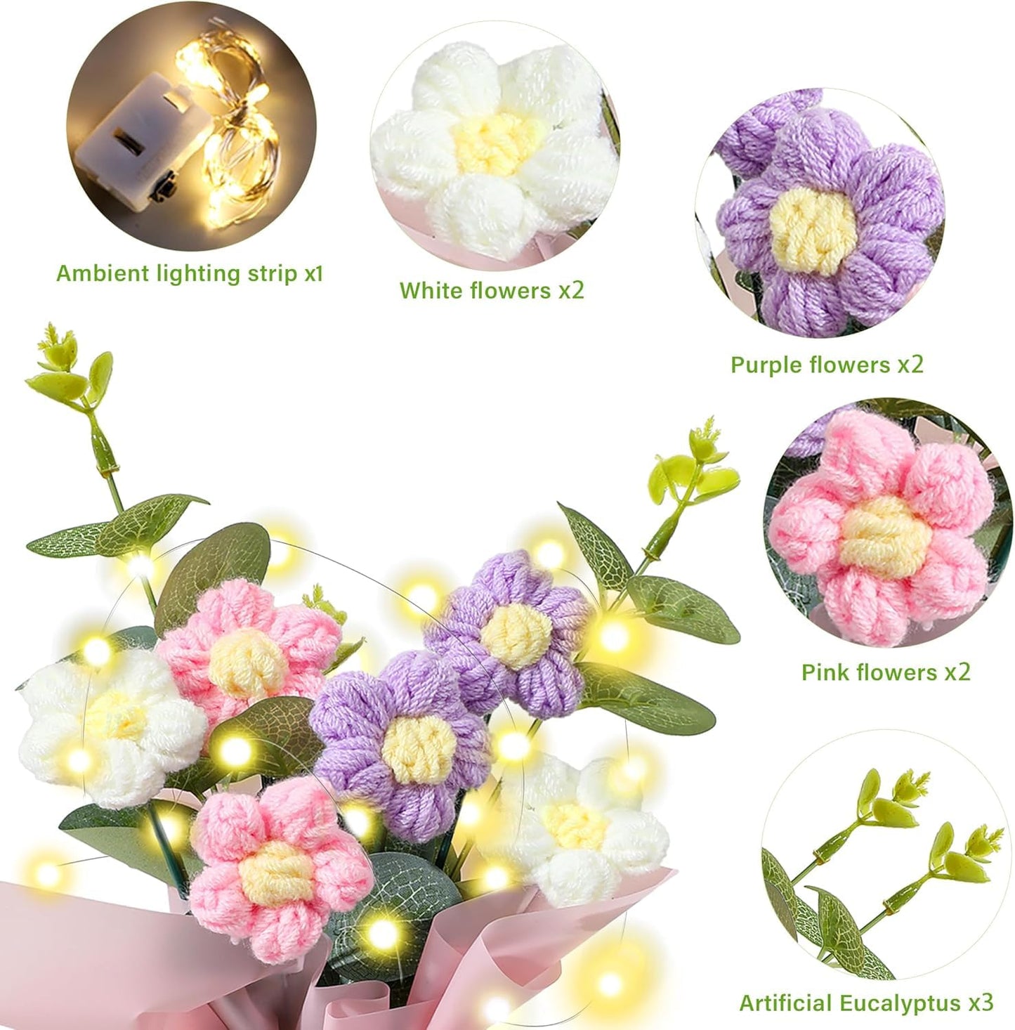 KAIDAA Handmade Korean Crochet Flower Bouquet with Shiny Led Lights & Polybag Knitted Floral Arrangement with Decorative Leaves | Tabletop Home Decor, Desk, Valentine Day Gift