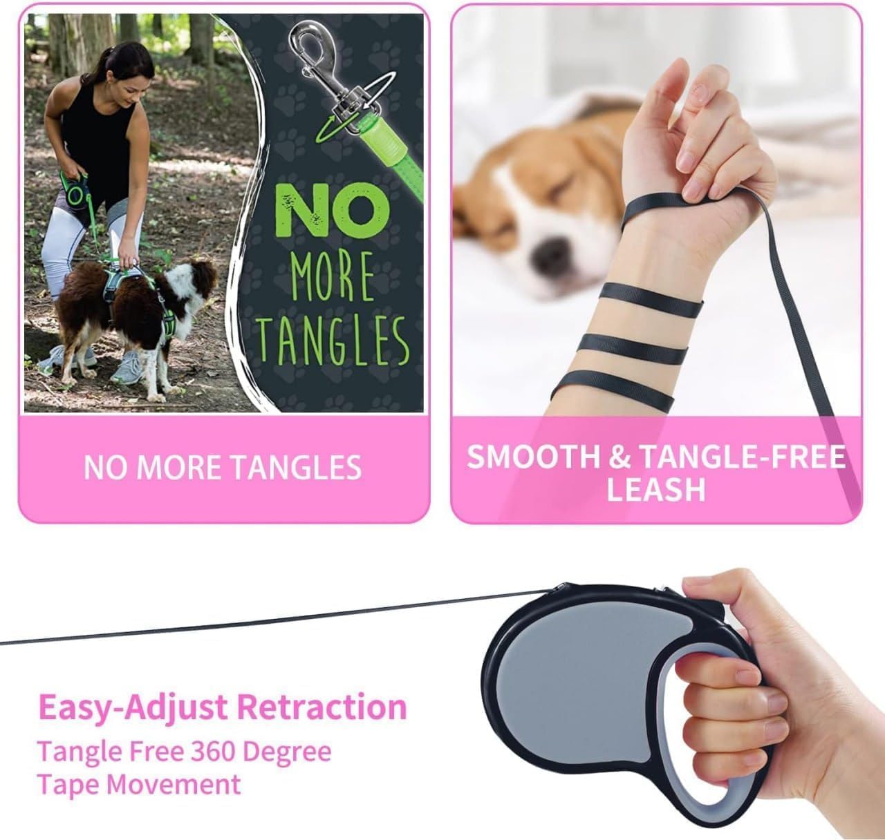 ANVAY INPEX Retractable Dog Leash 16 Feet, Automatic Tangle-Free Nylon Tape Pet Leash with Quick Lock & Anti-Slip Handle, Adjustable Dog & Cat Walking Rope for Training, Walking & Camping