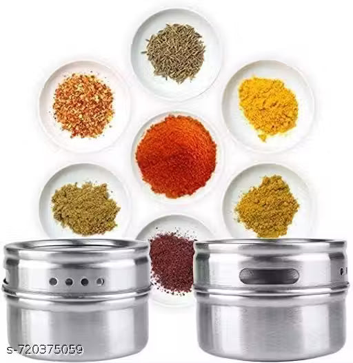 9-Pcs Stainless Steel Magnetic Spice Jars with Rack – Round Masala Containers & Spray Tins for Kitchen Storage