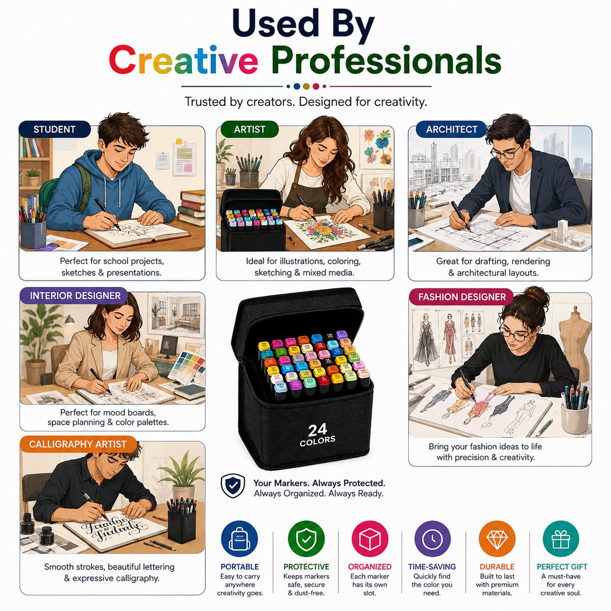 Dual Tip Colorful Art Markers Sketch Pens Colors With Carrying Case For Painting Sketching Calligraphy Drawing -Twin Head Permanent Colouring Marker Pens (Pack OF 1) (Marker Black 24)