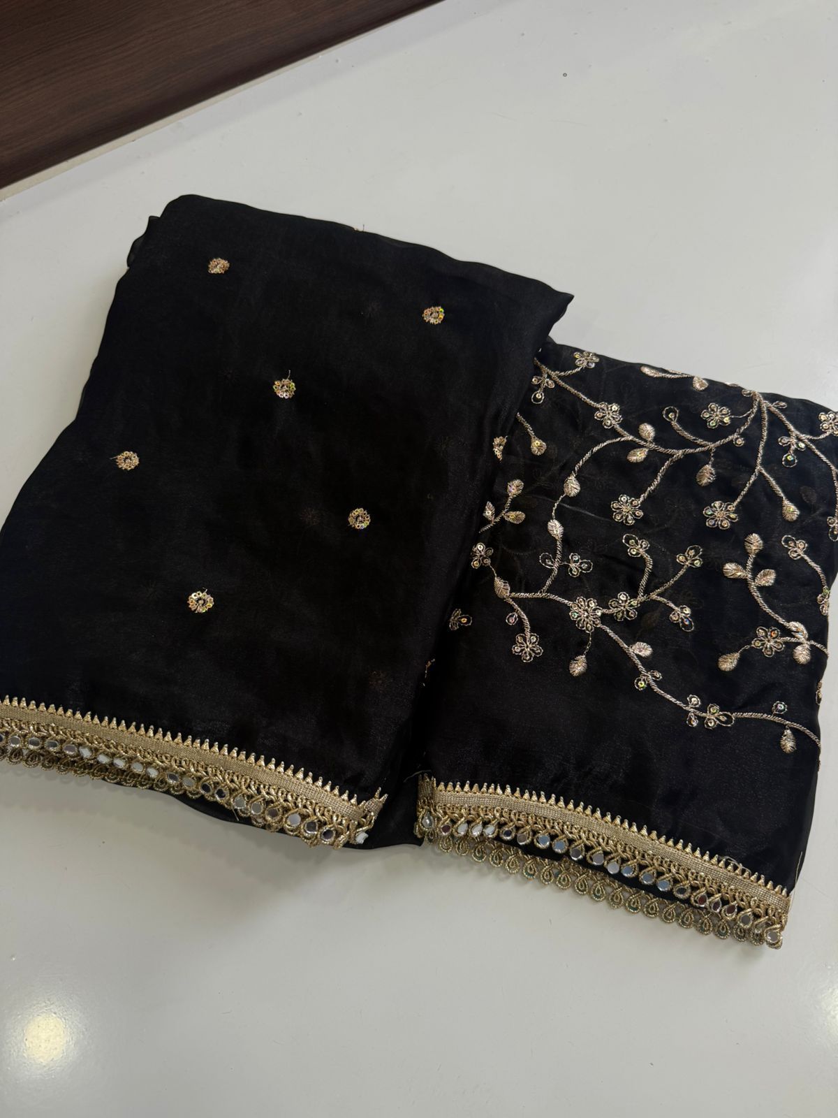 Space Sattin Multi Sequence Full Worked Saree With Original Mirror Lace & Havey Sequence Full Worked Blouse