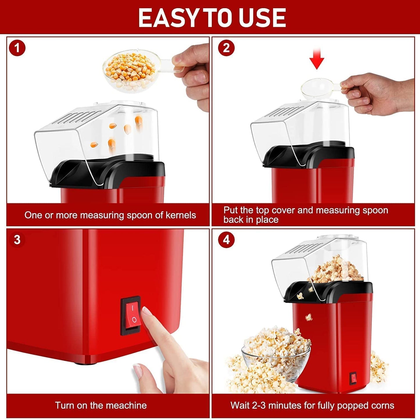 Playpulse® (5-Years Warranty) Oil-Free Hot Air Popcorn Maker – 1200W Electric Popper Machine for Healthy, Fast Snacks, Easy to Use, Ideal for Home, Kids, Parties & Movie Nights- Multi-Colour