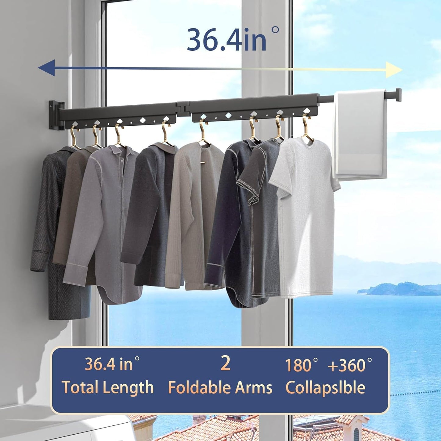 XBEY Stainless Steel Wall Mounted Portable Clothes Drying Rack with Space Saver Clothes Hangers Design Universal for Balcony,Laundry,Bathroom Space Saver Clothes Rack (2 Fold Cloth Drying Rack),Black