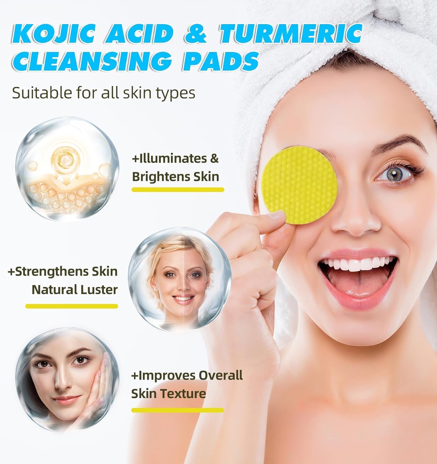 RIHETI Kojic Acid & Turmeric Cleansing Pads – 60PCS | Vitamin B5, Vitamin C, Lemon & Chamomile Infused Foaming Exfoliating Pads for Face | Natural Skin Brightening, Pore Cleansing & Makeup Removal
