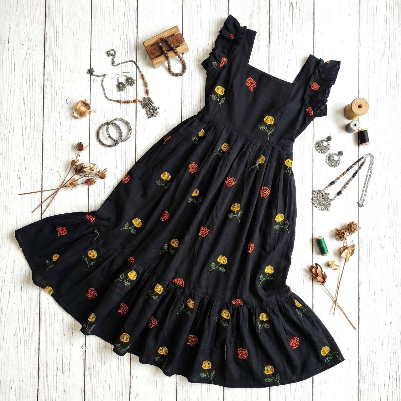 Celebrate this joy of dressing in the best way  Here presenting you a beautiful and comfortable maxi for the upcoming season with beautiful Flowers All Over  And Beautiful Neckline and Slevees Pattern