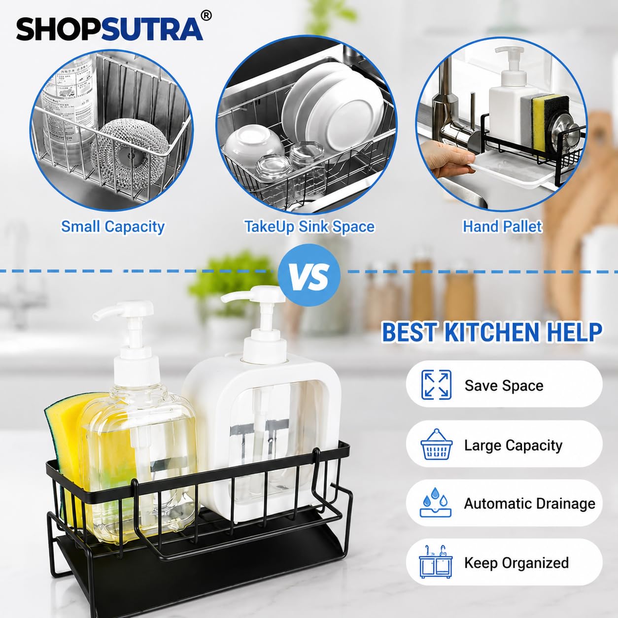 Kitchen Sink Organiser with Drain Tray, Countertop Storage Rack for Dish Soap Sponge Scrubber, Metal Wire Design, Black