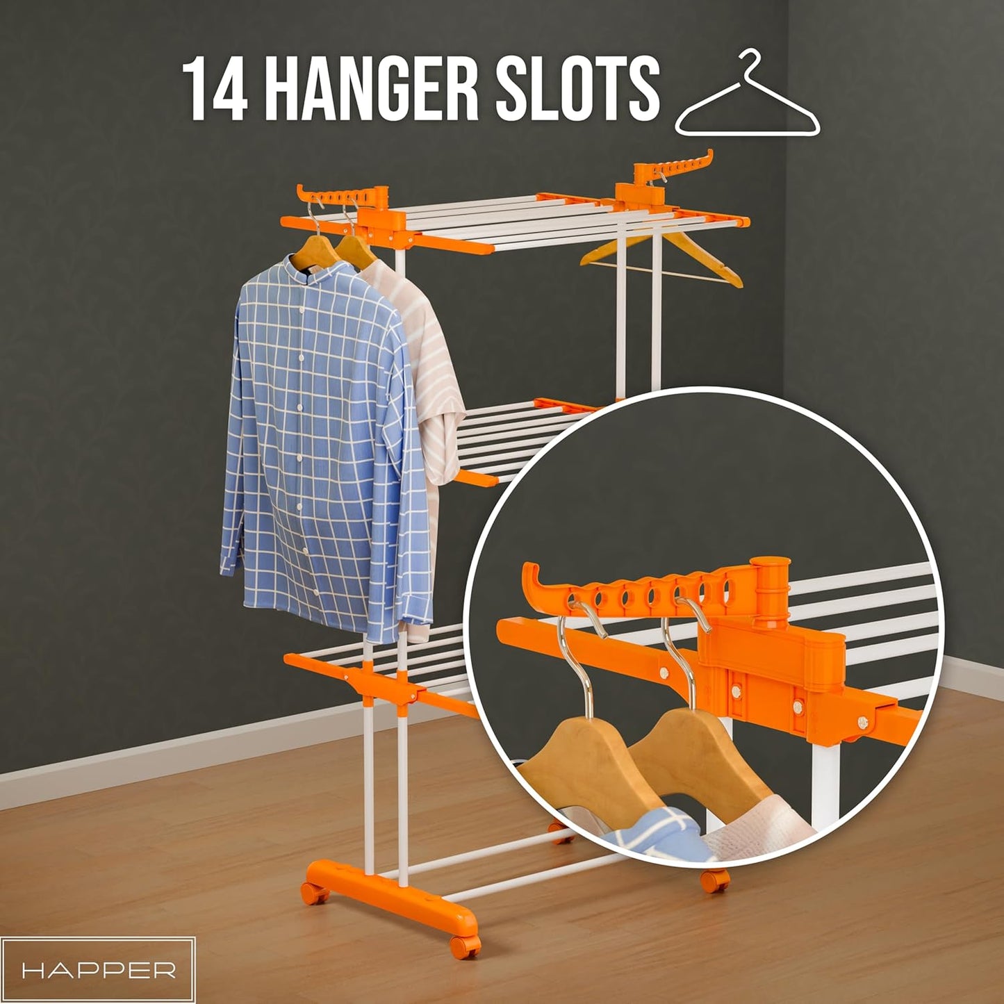 Happer Premium Clothes Stand for Drying with Wheels | Portable | 3 Layer Rack for Balcony | Foldable Wings | 24 Hanger Rods | Anti Rust Steel Metal (Orange | Prince Jumbo)