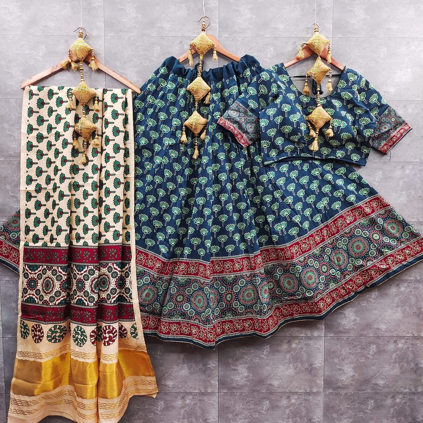 gaji modal lagdi patta duppata and ajrak choli   New arrivals   Maslin silk lehnga