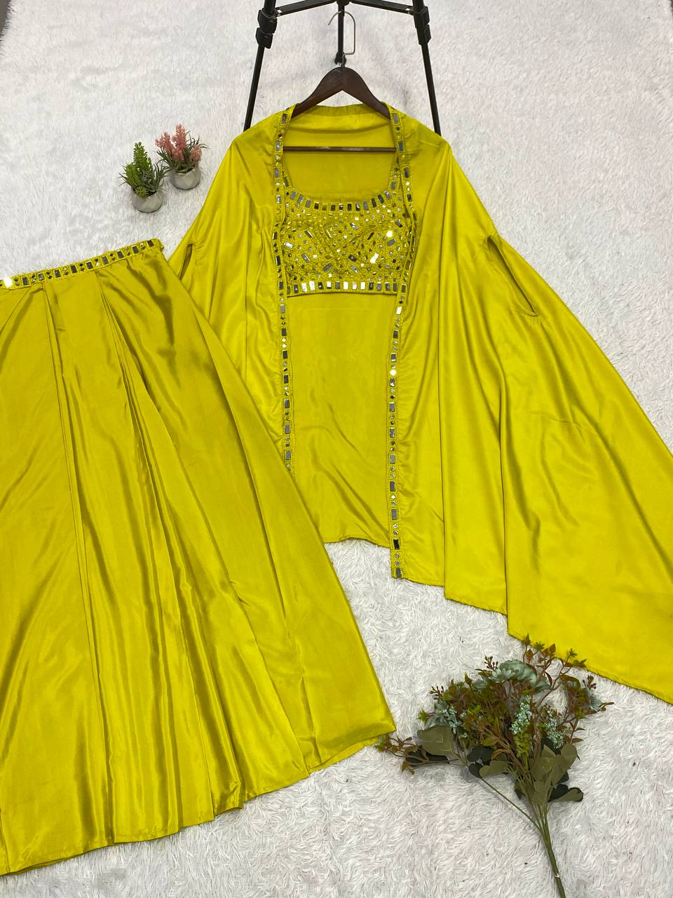 THIS WEDDING SEASON WEAR OUR BEAUTIFUL 3 PIECE WITH REAL MIRROR WITH  EMBROIDERED BLOUSE, SKIRT AND LONG SHRUGE