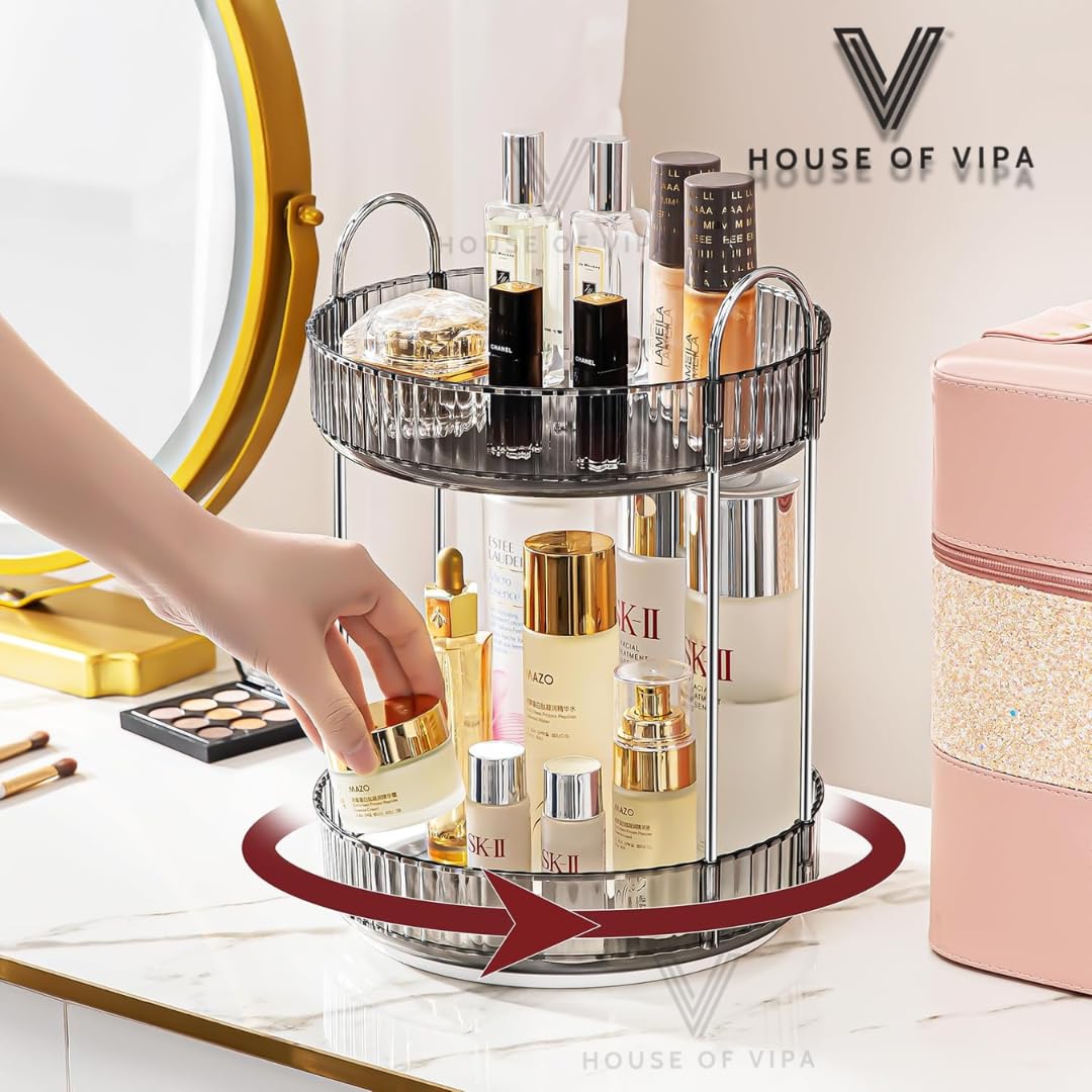 360° Rotating Makeup Organizer Box - Cosmetic Storage with Drawers, Plastic Makeup Holder Stand for Dressing Table, Lipsticks, Nail Polishes & Accessories (Light Gray, 2 Layer)