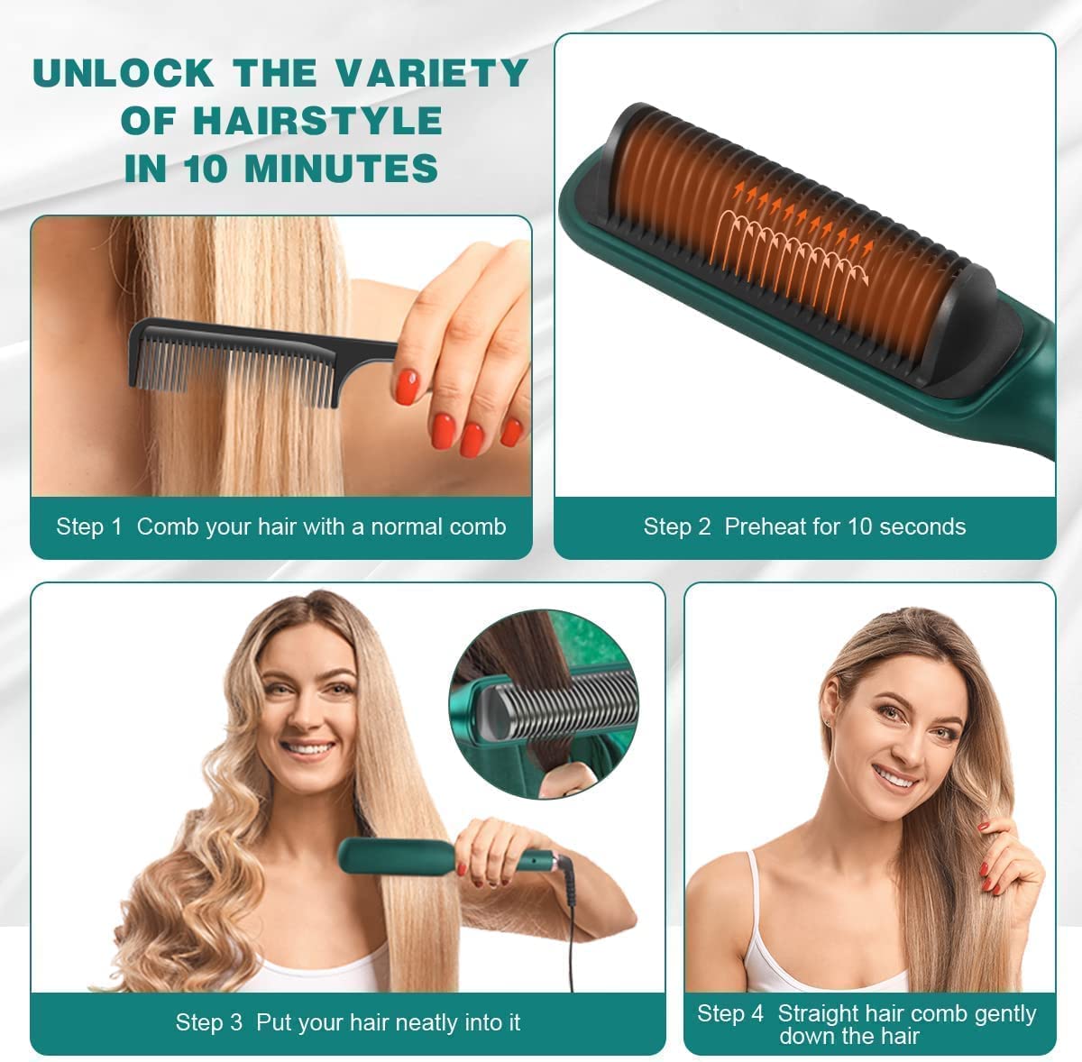 Ceramic Hair Straightening Comb, Hair Straightener for Woman, Electric Hair Brush Straightener Comb for Smooth, Silky Hair - Straightener Brush with 30s Heating, 5 Heat Settings