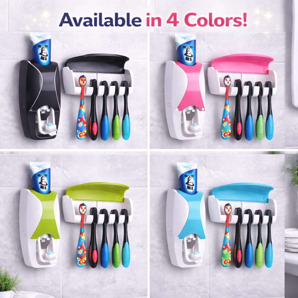 Automatic Toothpaste Dispenser and 5 Toothbrush Holder Fresh ABS Plastic Dust-Proof Wall Mounted with Cover Storage Stand for Home Bathroom (Multi Colors)
