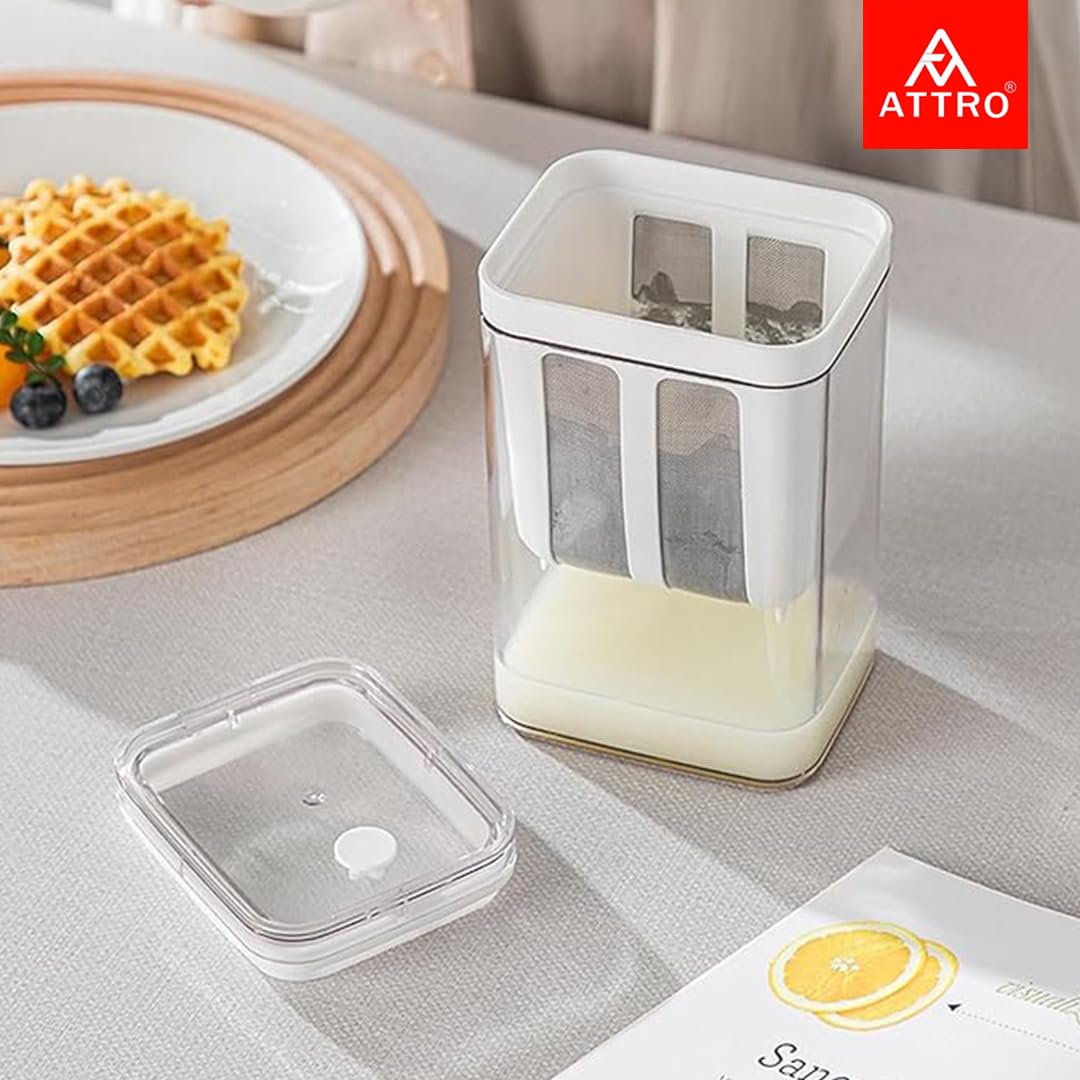 ATTRO Greek Yogurt & Curd Maker Fine Mesh Strainer with Lid Multifunctional Whey Separator for Homemade Yogurt, Curd, Cheese, Hung Curd & More – Easy to Use & Clean- White- 1100ml