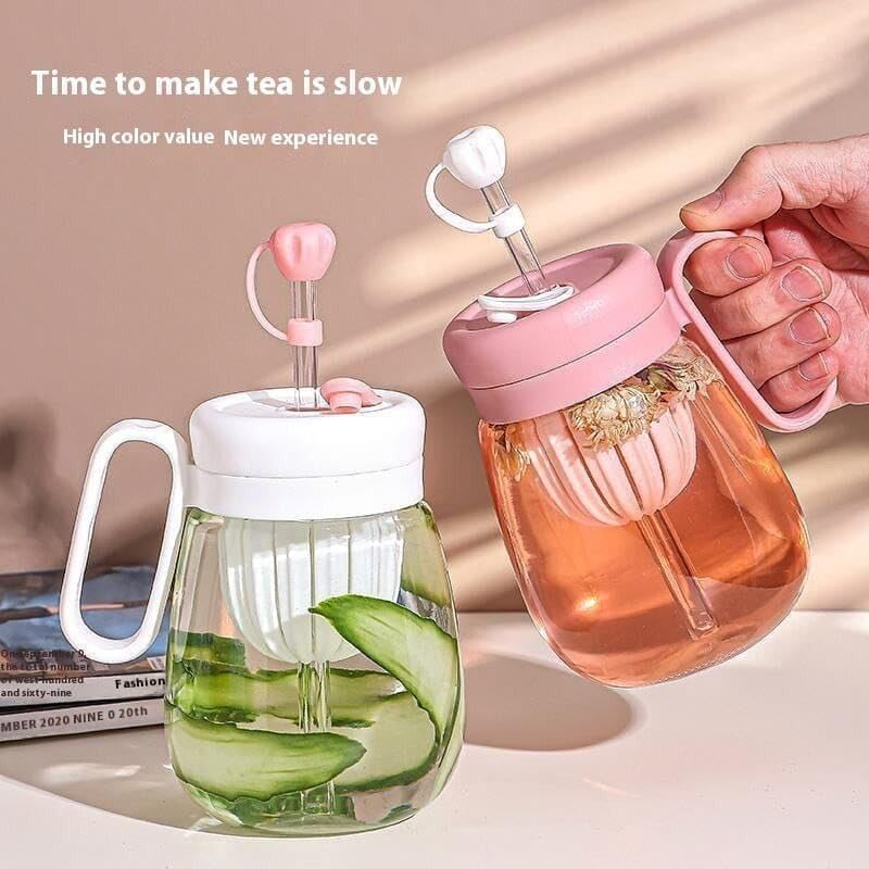 Glass Tumbler with Fruit Infuser Lid & Straw, Portable Summer Drink Cup for Juice, Tea, Detox Water & Milk Tea | Leakproof Handle Mug for Girls, Travel & Daily Hydration (Multicolor) (1)