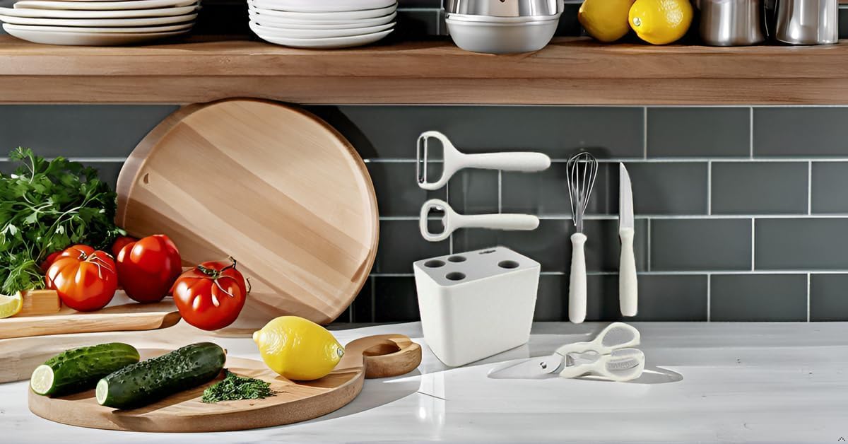 Stainless Steel 6-Piece Kitchen Gadgets Set, Kitchen Scissors, Kitchen Utensils Set with Holder, Paring Knife, Whisk, Bottle Opener, Peeler- Anti-Slip Handle, Decorative Base
